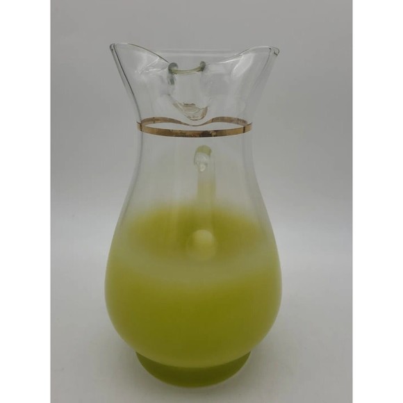 Pitcher Blendo Vintage Retro Frosted Yellow Green Glass Gold Trim MCM - Picture 2 of 10